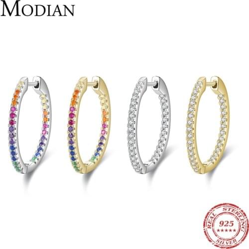 Modian Rainbow Color Sparkling Earrings Real 925 Sterling Silver Circle Zirconia Hoop Earrings For Women Luxury Wedding Jewelry