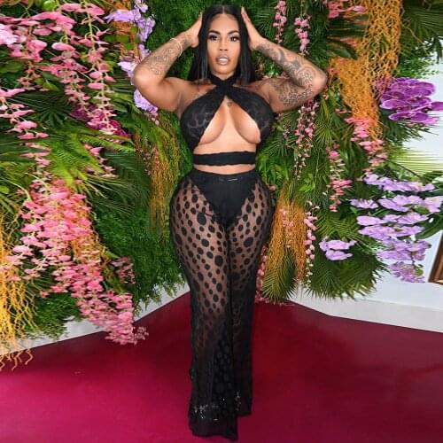 Sheer Mesh Polka Dot Print Two Piece Pant Suit Women Backless Halter Crop Top Wide Leg Trouser Summer See Through Club Outfits