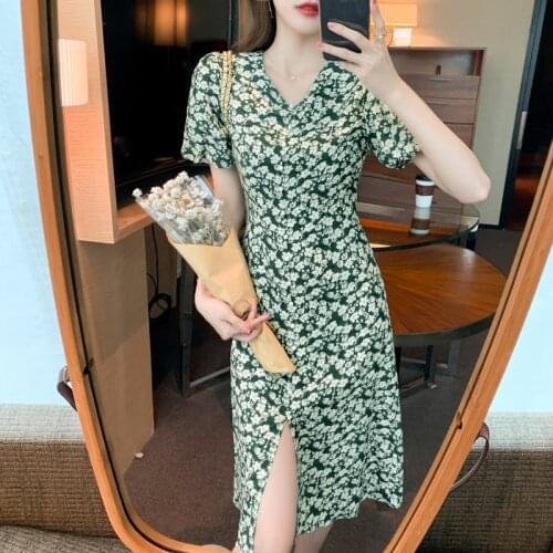 2021 new slim skirt Fashion French Short sleeve long floral split dress womens summer