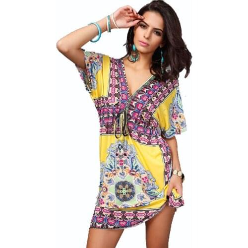 2019 Womens Loose Dress W/Sash 7 Styles New Vintage Sexy V Neck Short Sleeves Knee Length Print Dresses Vestidos Plus Size 2XL