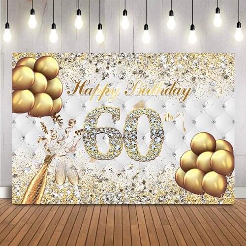 Gold Glitter Birthday Backdrop Diamonds Golden Ballons Champagne 60th Birthday Party Decoration Adult Theme Birthday Backdrop
