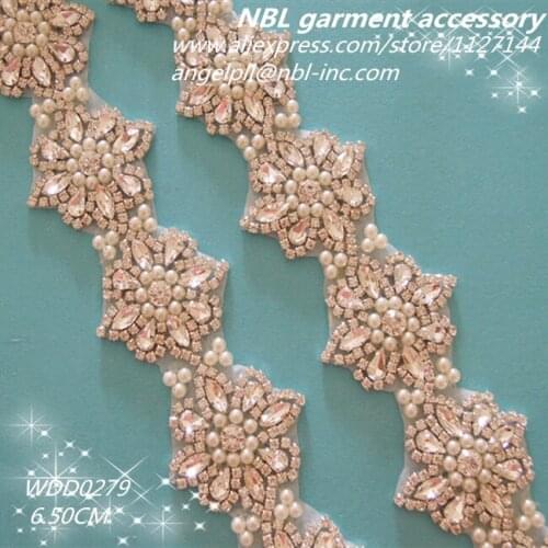 10 yards) Wholesale bridal beaded crystal rhinestone pearl trim iron on for wedding dress sash WDD0279