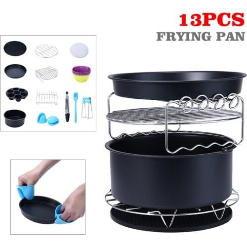 13pcs/set 8 Inch Air Fryer Accessories Stainless Steel Frying Baking Pan Rack Pizza Tray Pot Set Universal Fit all Airfryer