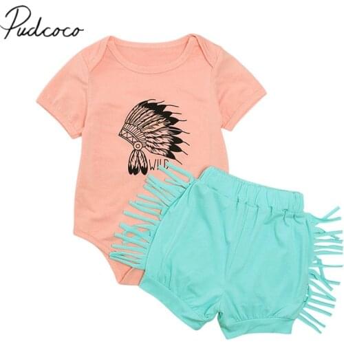 2019 Baby Summer Clothing 0-24M Newborn Kid Baby Girl Clothes Sets Short Sleeve Tassel Romper+Shorts Pants Outfit Cute Sunsuit