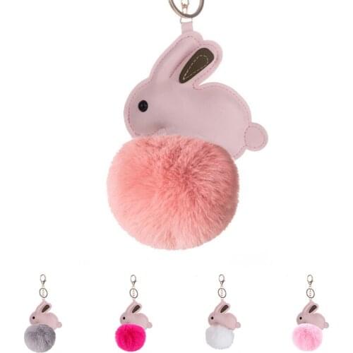 27Colors Bag KeyChain Rabbit Key Chain Round Metal Fur Pom Hair Bulb Ball Plush Car Ornaments Pendant Fashion Accessories