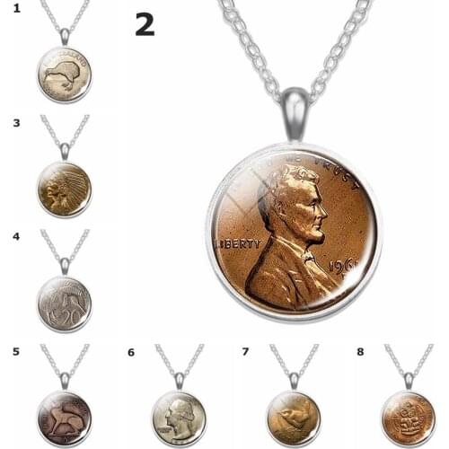 Antique Coins Pendant Necklace Glass Dome Vintage Florin Bird Coin Lincoln Penny Image Coin Necklace Souvenir Coin Jewelry Gift