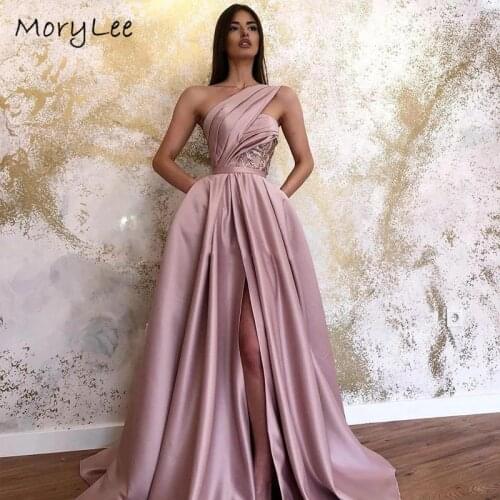 One Shoulder Evening Dresses A-Line Sweep Train High Quality Satin Evening Dresses With Zipper Back vestidos de fiesta de noche
