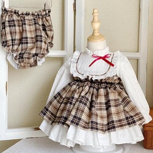 Baby girl vintage Spanish England lace plaid stitching princess dress kids court puff sleeve bow birthday party ball gown dress