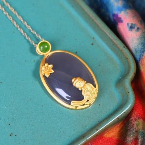 Ancient Sterling Silver Inlaid Smoky Purple Hetian Jade Egg Surface Jade Pendant Simple Atmosphere Ladies Clavicle Chain Jewelry