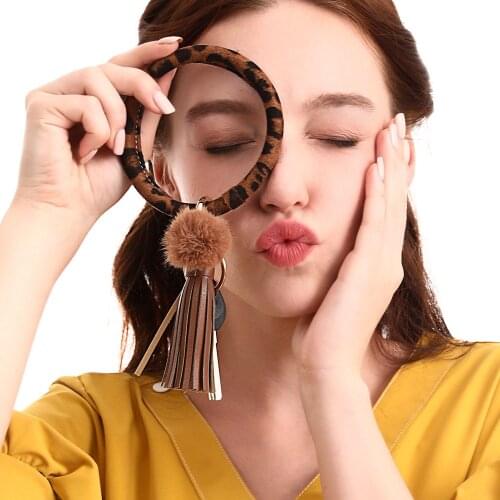 DUTRIEUX 2021 New Wrist keychain Leather Lipstick Bag Wristlet for Women Girls Simple Leopard PU Keychain Bag Ring Keychian