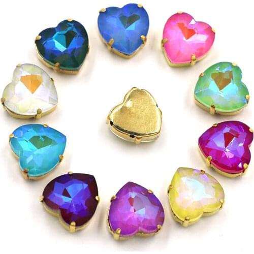 HFOUR 12mm Heart Shape Pointback Glass Crystal Ab Mocha Fluorescence Gold Claw Setting Rhinestones DIY Clothing/Garment/Shoes