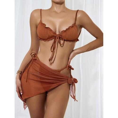 3Pcs Sexy Ladies Split Swimwear Sets Women Swimsuit Ruffles Bikini Lace-up Panties See-through Mesh Cover Ups Bikinis