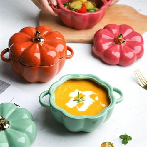 Creative Pumpkin Shape Porcelain Steamed Egg Rice Bowl with Lid Ceramic Fruit Salad Soup Bowl Dessert Cake Baking Bowl Tableware