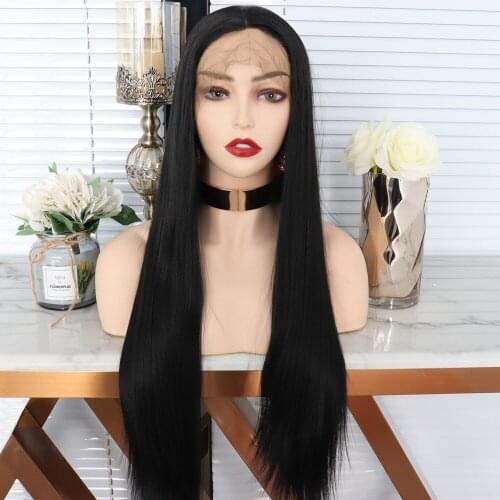 22 Inches Long Natural Straight Synthetic Lace Wigs Middle Part Heat Resistant Fiber Hair T Part Lace Daily Use For Women