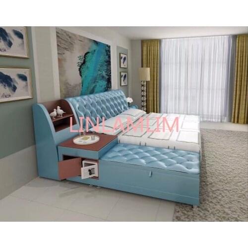Post modern real genuine leather bed / soft bed/double bed king/queen size bedroom home furniture with storage box and sideboard
