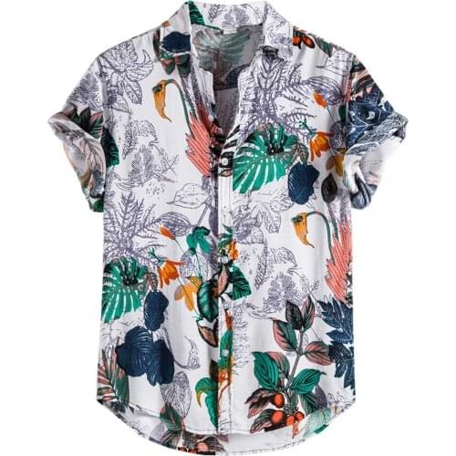 Casual Hawaii Beach Short Sleeve Mens T-shirts Summer Loose Tropical Print Button Down T-Shirt Top Leisure Vacation Men Tops