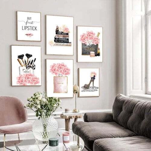 Nordic Makeup Fashion Printing Posters Pink Floral Water Bag Leopard Print Shoes Canvas Painted Wall Artwork Girl Room Decor