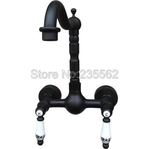 Black Oil Rubbed Brass Wall Mounted Dual Ceramic Handles Kitchen Sink Basin Mixer Tap / Swivel Spout Vessel Sink Faucets lnf521