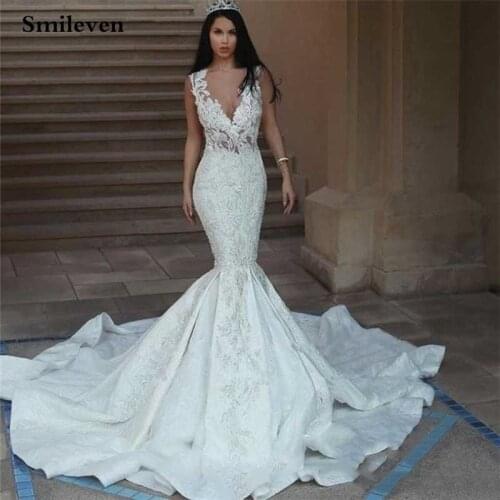 Smileven Dubai Mermaid Wedding Dresses Satin Sexy V Neck Lace Bride Dress 2020 Custom Made Sleeveless Wedding Gowns
