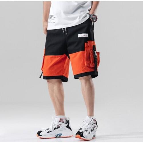 Streetwear Summer Casual Shorts Men Fashion Ribbons Pockets Cargo Shorts Bermuda Knee Length Patchwork Mens Shorts