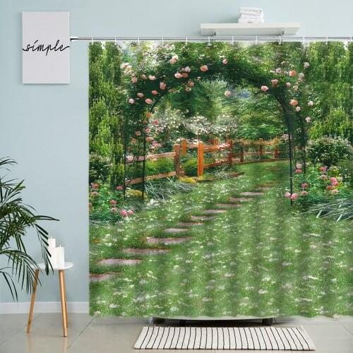 Natural Scenery Shower Curtain Green Plants Flower Rattan Arched Garden Bamboo Forest Bathroom Decor With Hook Waterproof Screen