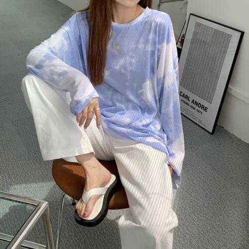 T-shirt Women Long Sleeve Blue Tie-dye Oversize Harajuku Korean-style Casual Loose Womens Top Streetwear Hip-hop Female Clothing