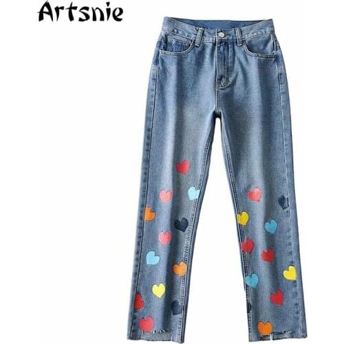 Artsnie Streetwear Casual Heart Print Denim Pants Women High Waist Blue Vintage Ripped Pants Zipper Pockets Straight Jeans Mujer