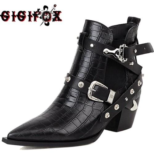 GIGIFOX Brand New Fashion Gothic Vintage Cool Plus Size 50 Pointed Toe Square Heels Ankle Boots Street Woman Shoes