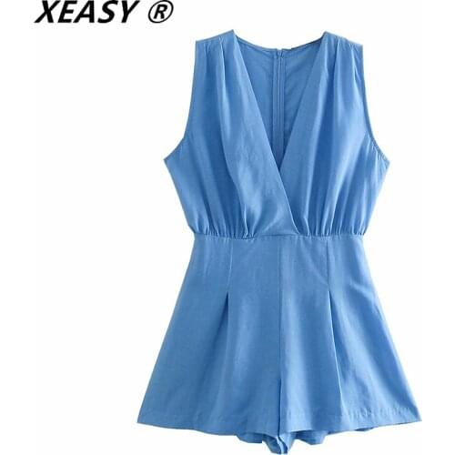 XEASY ZA 2021 Blue Rustic Short Jumpsuit Women Vintage Sleeveless Pleated Summer Playsuit Fashion Back Zip Casual Woman Jumpsuit