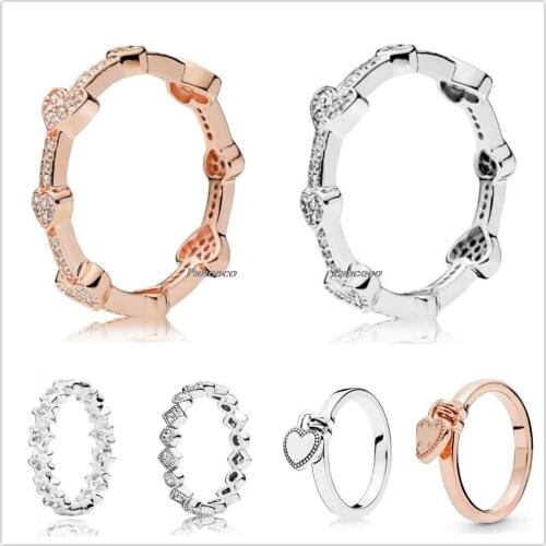 Authentic 925 Sterling Silver Rose Alluring Hearts With Crystal Rings For Women Wedding Party Gift Europe Pandora Jewelry