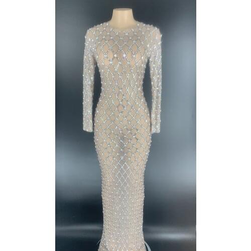 Super Sparkly Rhinestone women Dress Stretch Sexy Gold Glisten Crystals Costume Evening Celebrate Dress Wear Luxurious Outfit