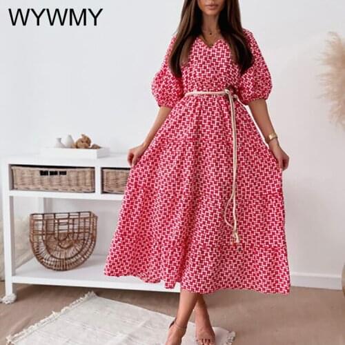 Summer Dresses For Women 2021 New Casual V-neck Lantern Sleeve Beach Dress Elegant Sweet Print Ruffles Party Dress Robe Femme