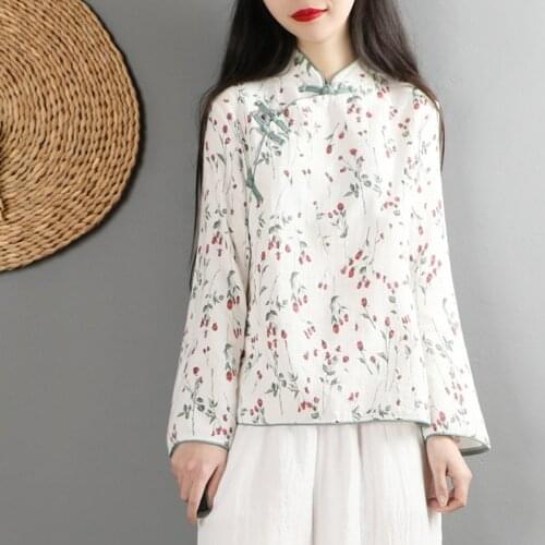 2021 Ladies Linen Cheongsam Blouse Elegant Qiapo Shirts Long Sleeve Qipao Tops Chinese Vintage Printed Cheongsam Blouse 12192