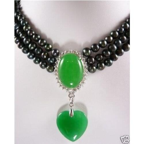 3 rows 7-8mm black pearl necklace green jades pendant