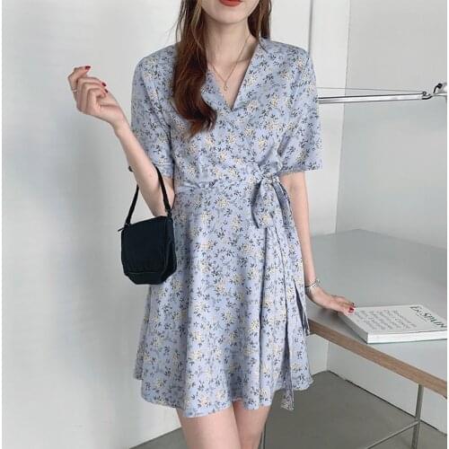 Bandage Dress Floral Chiffon Mini Vestidos De Festa Curto a Line Summer Elegant Ladies Dresses v Neck Korean Blue Party Sukienki