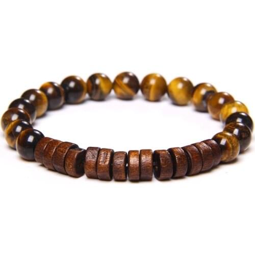 Wood Beads Charm Bracelet Men Natural Red Turquoises Tiger Eye Onyx Stone Beaded Stretch Bracelet Jewelry for Couples Women Male