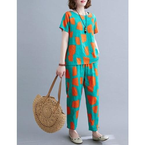 High Waist Harem Pants Tops Shirt Two Piece Womens Clothes Set Thin Cotton Linen Summer Casual Set Suits Print Vintage clothes