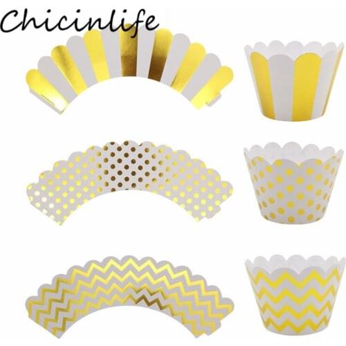 Chicinlife 12Pcs Gold/Black Stripes Polka Dot Cupcake Wrappers Happy Birthday Party Wedding Cake Liners Cups Decoration Supplies