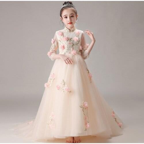 Flower Girl Dress Illusion Appliques Embroidery High Three Quarter Tulle Lace Luxury Princess Floor-Length Kids Party Gown H328