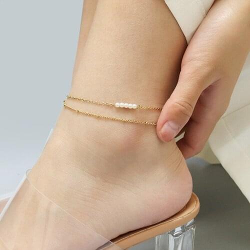 YCHM Double Layers Five Pearl Chain Anklet For Women Stainless Steel Never Fade Summer Beach Anklet Barefoot Chain