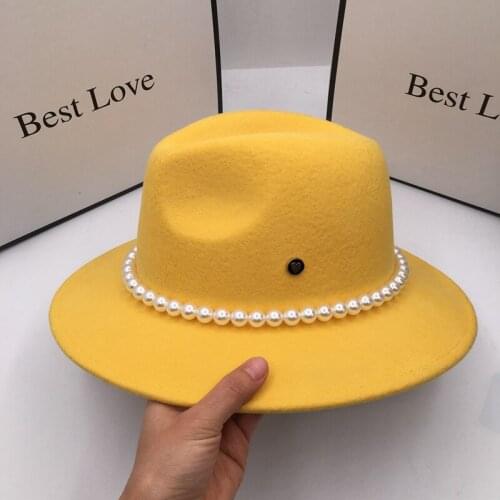 Jazz cap during the spring and autumn period and the new yellow wool pearl aristocratic fashion hat for women