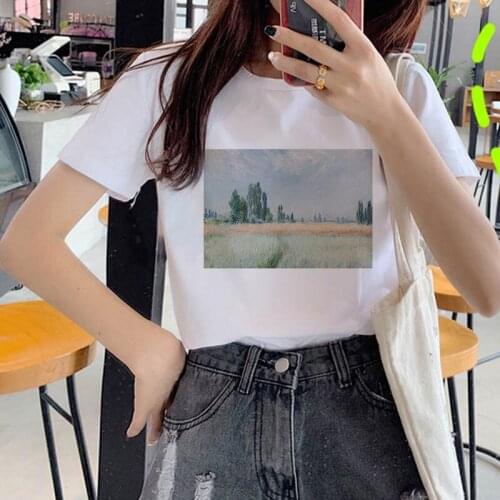 Oil painting Printed T Shirt Women 90s Graphic T-shirt O-neck Girl Short Sleeve Harajuku T shirt White Tops Female Tops
