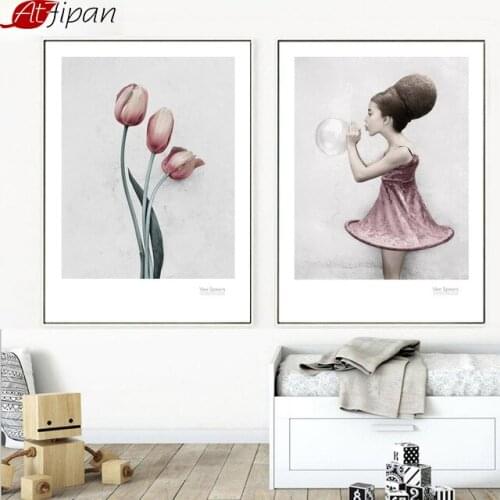 Atfipan No Frame Flower Scenery Girl Posters And Prints Canvas Painting Wall Artworks Nordic Style Prints Living Room Decoration