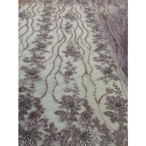 Purple bead tulle lace fabric with beads, 3D heavy bead tulle lace fabric with florals