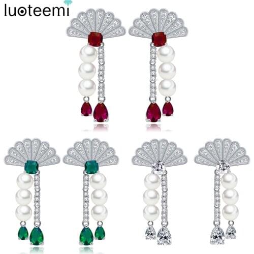 LUOTEEMI Newest Charm Fashion Drop Earrings Clear Green CZ With Imitation Pearl Pendant Statement Dangle Brincos Women Jewelry