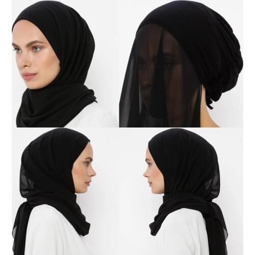 Muslim Women Bonnet + Chiffon Shawl Head Scarf Underscarf Cap Islam Inner Scarf Headband Stretch Hijab Cover Headwrap Turbante