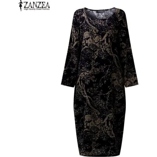 ZANZEA Autumn Women Floral Print Long Sleeve Baggy Casual Loose Party Cotton Linen Long Dress Kaftan 2021