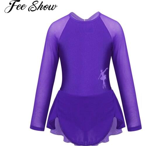 FEESHOW Ice Skating Dress Girls Kids Long Sleeves Tulle Dancing Costumes Figure Roller Skating Ballet Dance Leotard Dress