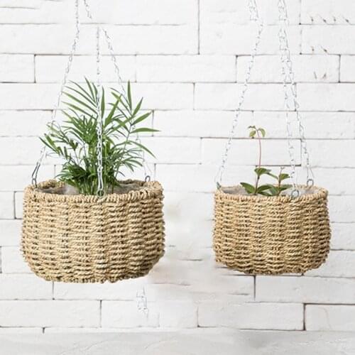 Grass Woven Hanging Planter Basket Plant Flower Pot with Metal Chain Straw flowerpot Planting pot