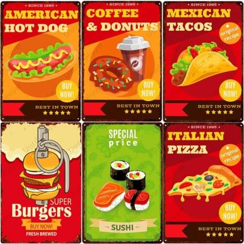 Retro Plaque Coffee Donuts Vintage Metal Sign Cafe Kitchen Home Decor Mexican Tacos Tin Plate American Diner Wall Posters N375